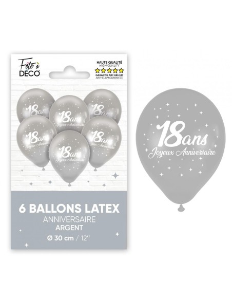 6 ballons 18 ans couleur argent pour décoration anniversaire adulte