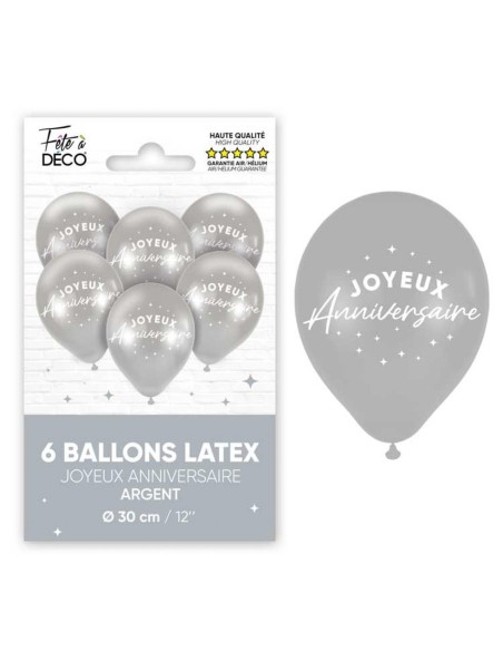6 ballons Joyeux Anniversaire couleur argent pour décoration de salle