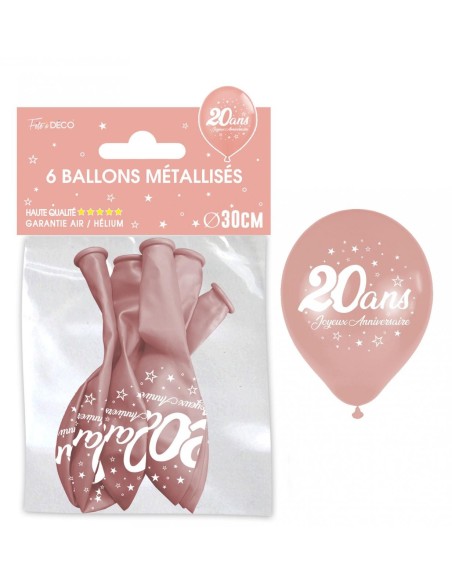 6 ballons 20 ans couleur rose gold pour décoration anniversaire adulte