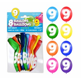 8 ballons chiffre 9 pour décoration anniversaire enfant