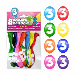 8 ballons chiffre 3 pour décoration anniversaire enfant