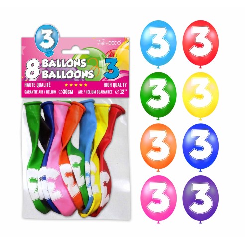 8 ballons chiffre 3 pour décoration anniversaire enfant