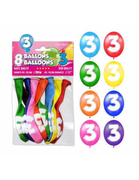 8 ballons chiffre 3 pour décoration anniversaire enfant