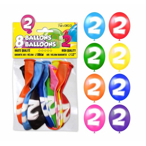 8 ballons chiffre 2 pour décoration anniversaire enfant