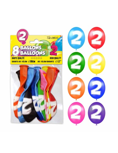 8 ballons chiffre 2 pour décoration anniversaire enfant