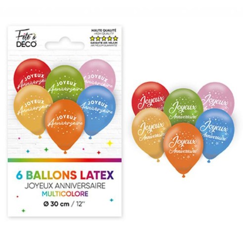 6 ballons Joyeux Anniversaire couleurs assorties pour déco de salle