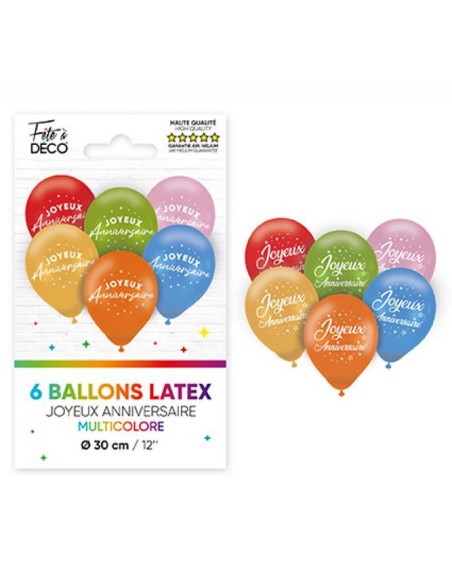 6 ballons Joyeux Anniversaire couleurs assorties pour déco de salle