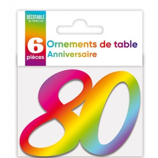 6 déco de table chiffre 80 multicolore pour anniversaire adulte