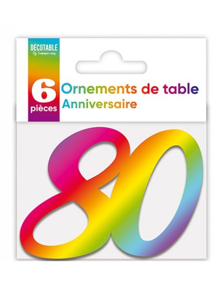 6 déco de table chiffre 80 multicolore pour anniversaire adulte