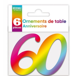 6 déco de table chiffre 60 multicolore pour anniversaire adulte