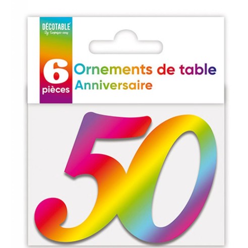 6 déco de table chiffre 50 multicolore pour anniversaire adulte