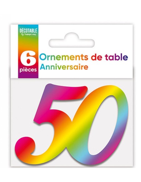 6 déco de table chiffre 50 multicolore pour anniversaire adulte