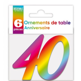 6 déco de table chiffre 40 multicolore pour anniversaire adulte