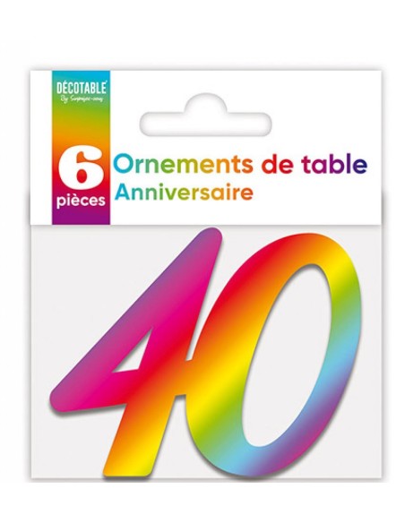 6 déco de table chiffre 40 multicolore pour anniversaire adulte