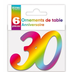 6 déco de table chiffre 30 multicolore pour anniversaire adulte