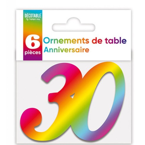 6 déco de table chiffre 30 multicolore pour anniversaire adulte