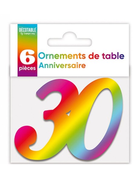 6 déco de table chiffre 30 multicolore pour anniversaire adulte