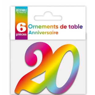 6 déco de table chiffre 20 multicolore pour anniversaire adulte