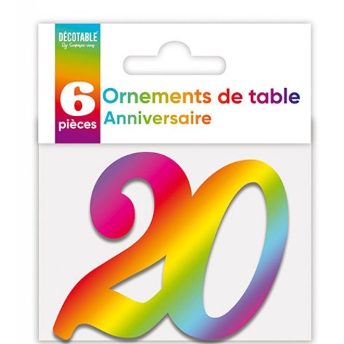 6 déco de table chiffre 20 multicolore pour anniversaire adulte