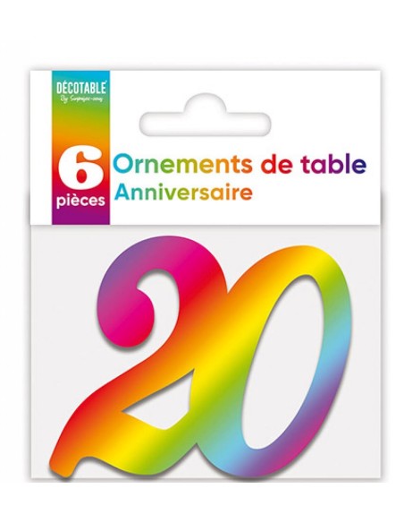 6 déco de table chiffre 20 multicolore pour anniversaire adulte