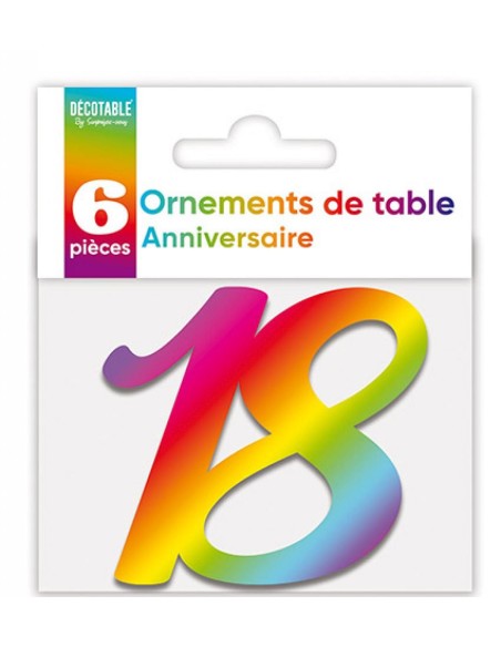 6 déco de table chiffre 18 multicolore pour anniversaire adulte