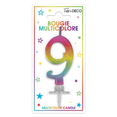 Bougie chiffre 9 multicolore pour gâteau d'anniversaire