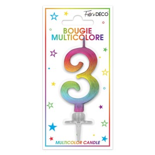 Bougie chiffre 3 multicolore pour gâteau d'anniversaire
