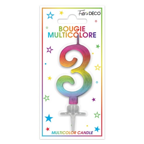 Bougie chiffre 3 multicolore pour gâteau d'anniversaire