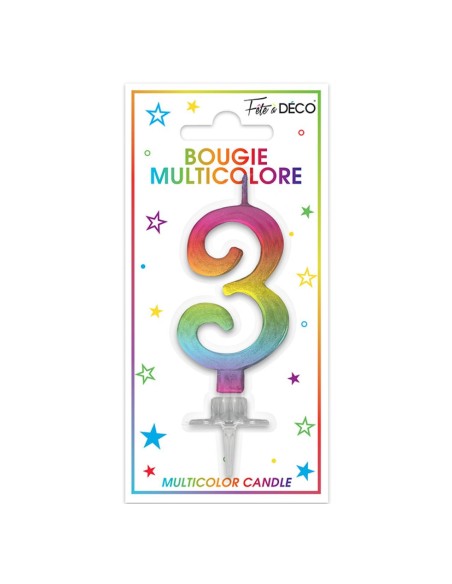 Bougie chiffre 3 multicolore pour gâteau d'anniversaire