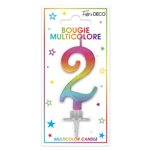 Bougie chiffre 2 multicolore pour gâteau d'anniversaire