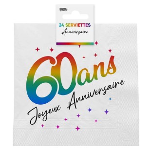 24 serviettes 60 ans Joyeux Anniversaire multicolore
