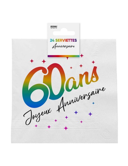 24 serviettes 60 ans Joyeux Anniversaire multicolore