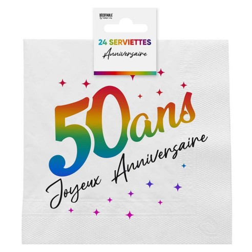 24 serviettes 50 ans Joyeux Anniversaire multicolore