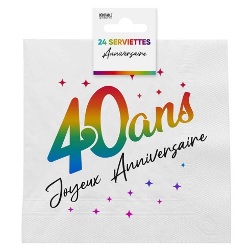 24 serviettes 40 ans Joyeux Anniversaire multicolore