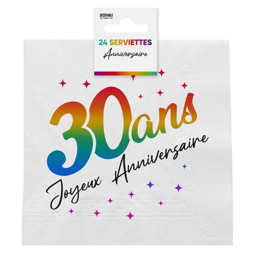24 serviettes 30 ans Joyeux Anniversaire multicolore