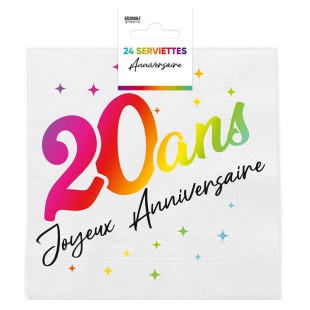 24 serviettes 20 ans Joyeux Anniversaire multicolore