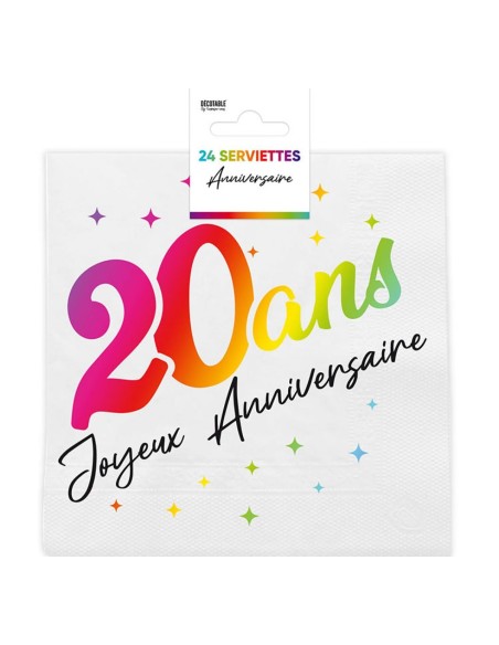24 serviettes 20 ans Joyeux Anniversaire multicolore