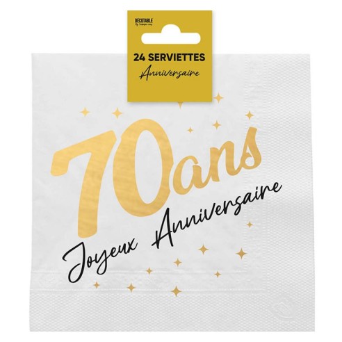 24 serviettes 70 ans Joyeux Anniversaire dorées