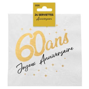 24 serviettes 60 ans Joyeux Anniversaire dorées