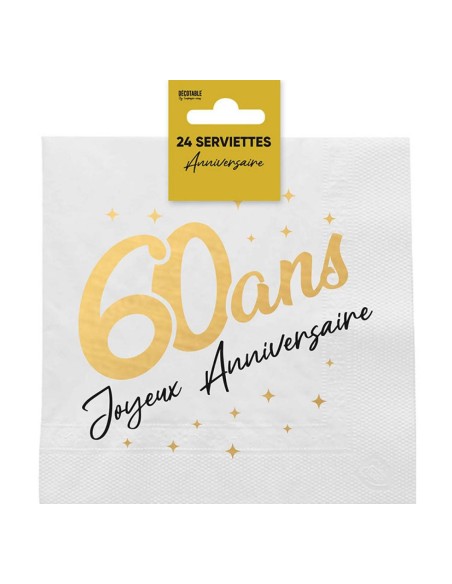 24 serviettes 60 ans Joyeux Anniversaire dorées