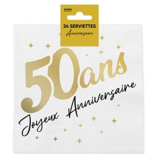 24 serviettes 50 ans Joyeux Anniversaire dorées