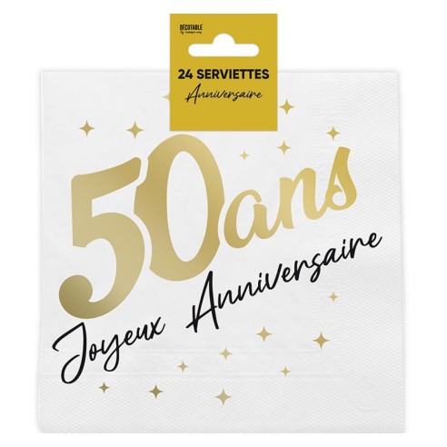 24 serviettes 50 ans Joyeux Anniversaire dorées