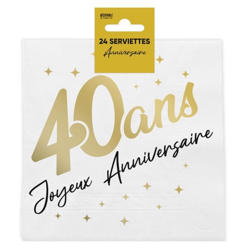 24 serviettes 40 ans Joyeux Anniversaire dorées