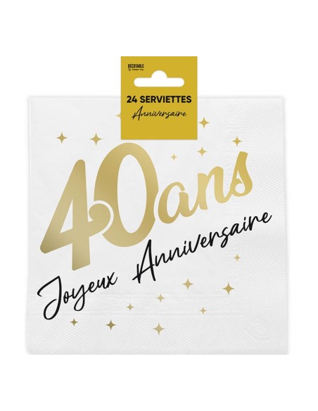 24 serviettes 40 ans Joyeux Anniversaire dorées