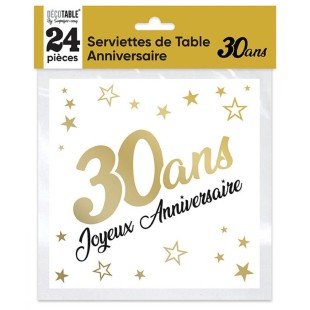 24 serviettes 30 ans Joyeux Anniversaire dorées
