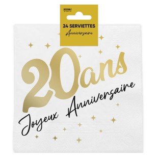 24 serviettes 20 ans Joyeux Anniversaire dorées