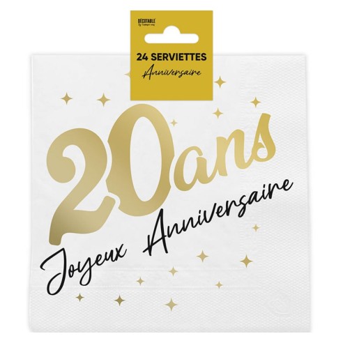 24 serviettes 20 ans Joyeux Anniversaire dorées
