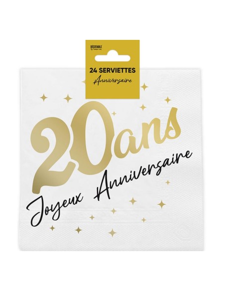 24 serviettes 20 ans Joyeux Anniversaire dorées