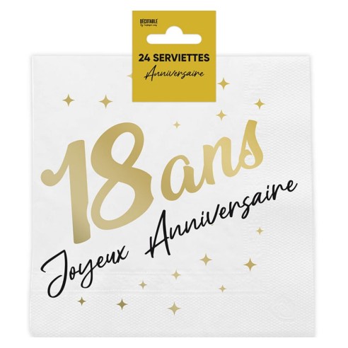 24 serviettes 18 ans Joyeux Anniversaire dorées