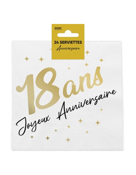 24 serviettes 18 ans Joyeux Anniversaire dorées